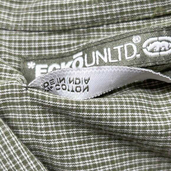 ECKO Unltd Button Up Shirt Men 3XL Green Micro Plaid L/S Epaulets Casual Streetw - Picture 8 of 16